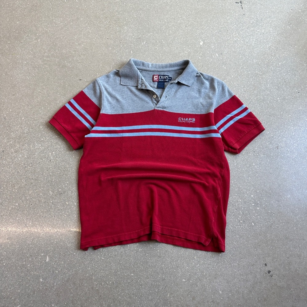 Chaps Ralph Lauren Mens Red Gray Striped Short Sleeve Polo Shirt Size Medium